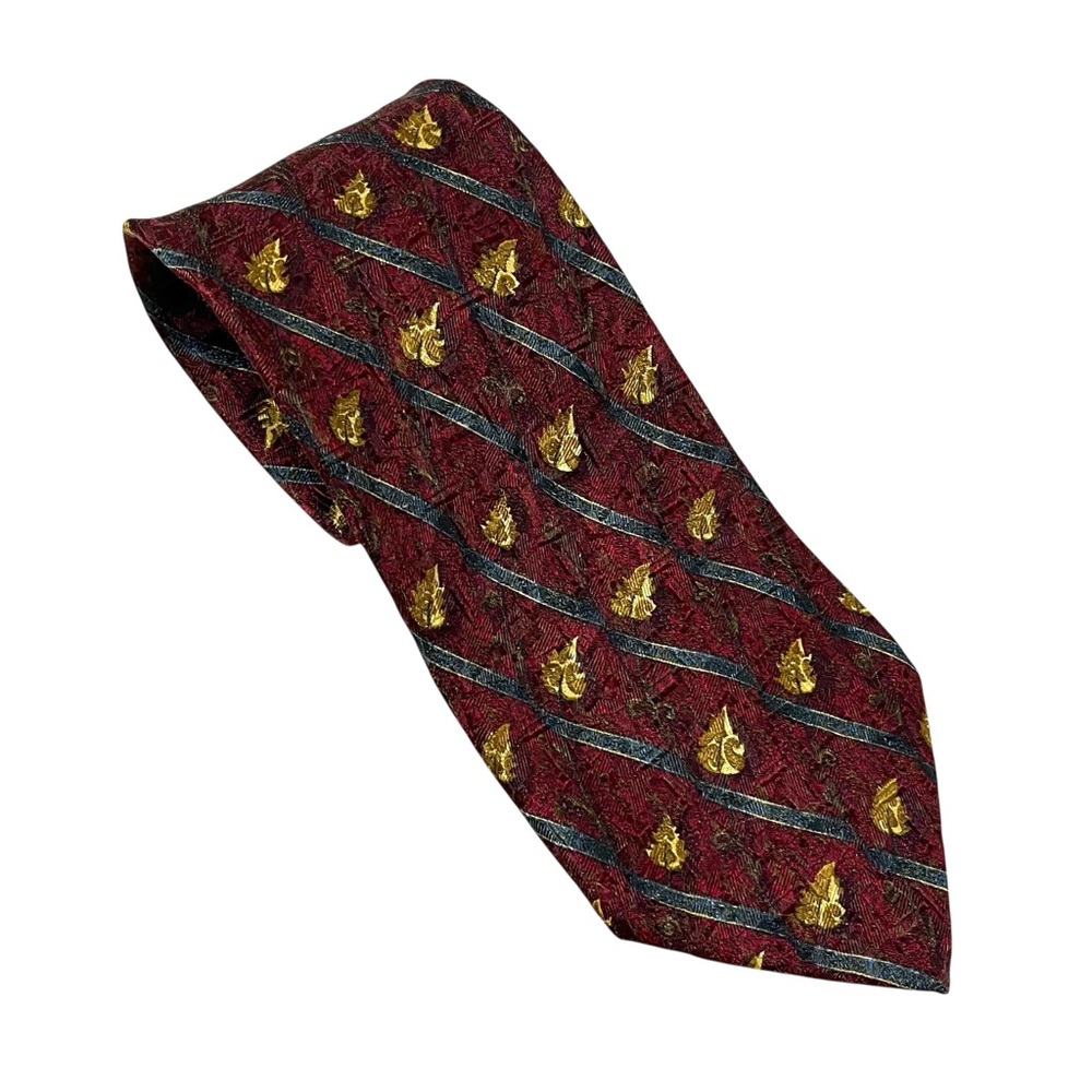 Ermenegildo Zegna Mens Leaf Print Silk Tie Necktie Neck Burgundy Maroon Gold